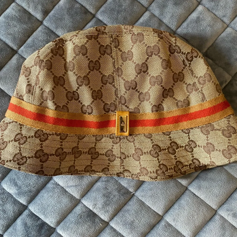 Gucci Monogram Bucket Hat with Orange Stripe